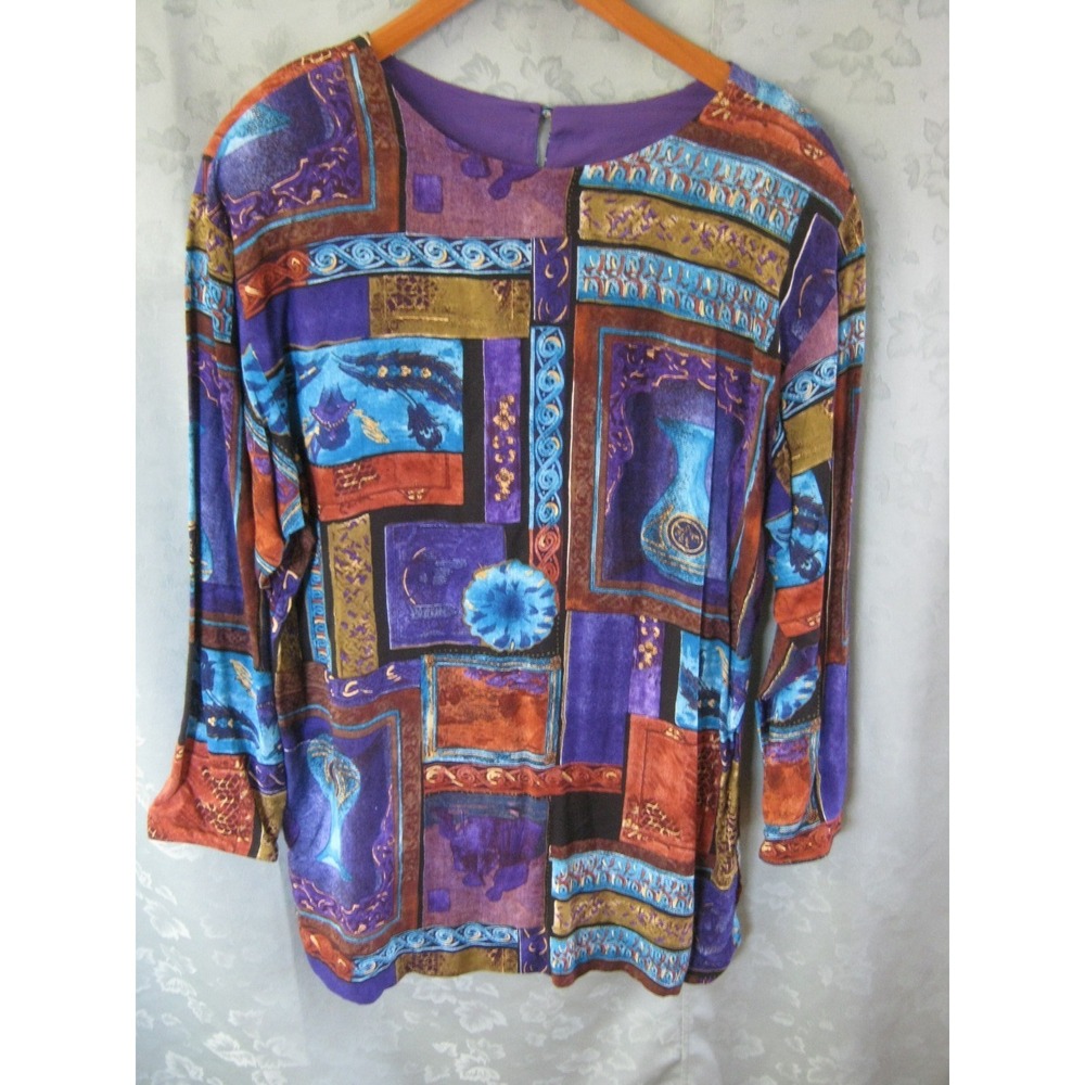 Vintage 90's Sequel Tunic Top Size 10 Artsy Scarf Print Long Pullover Shirt